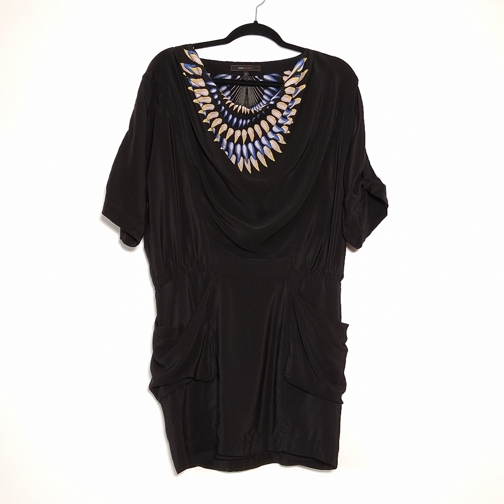 BCBG MAX AZRIA Dress Silk Black Feather Print Mini women’s size XS